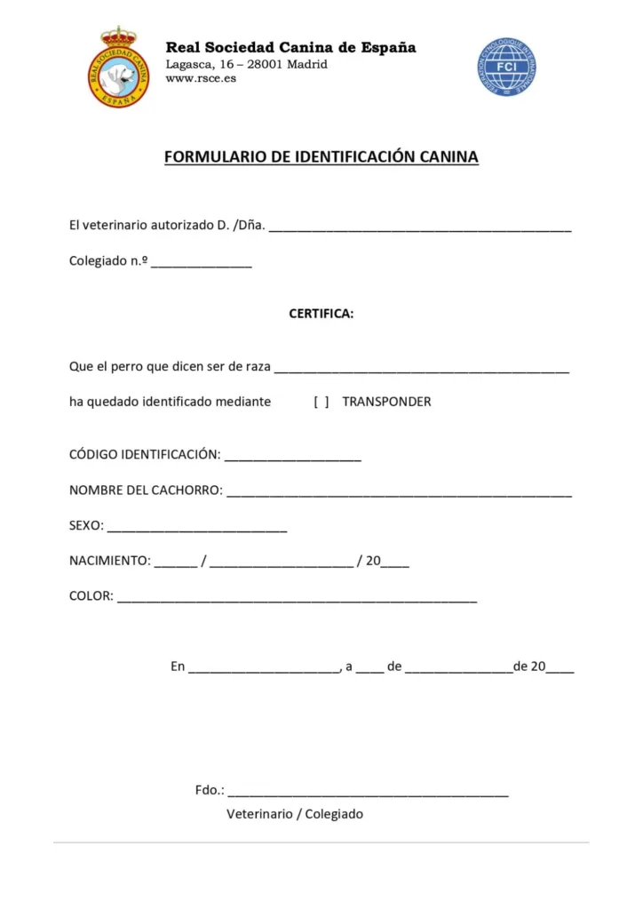 formulario identificación para el chip del chihuahua