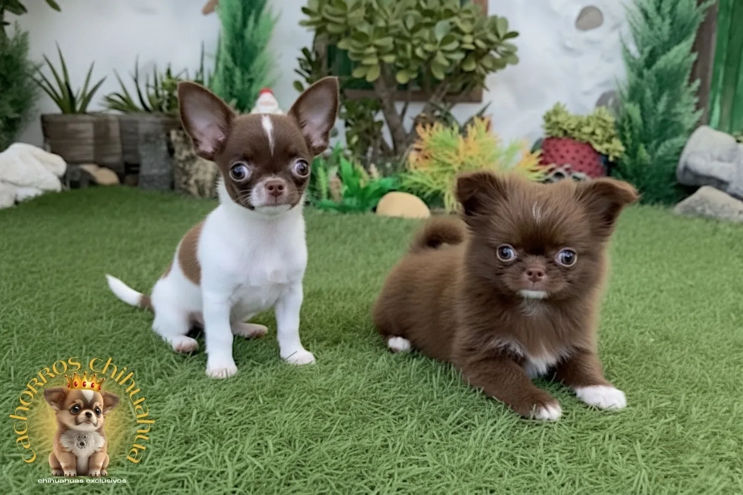 dos chihuahuas de pelo corto y largo compartiendo espacio
