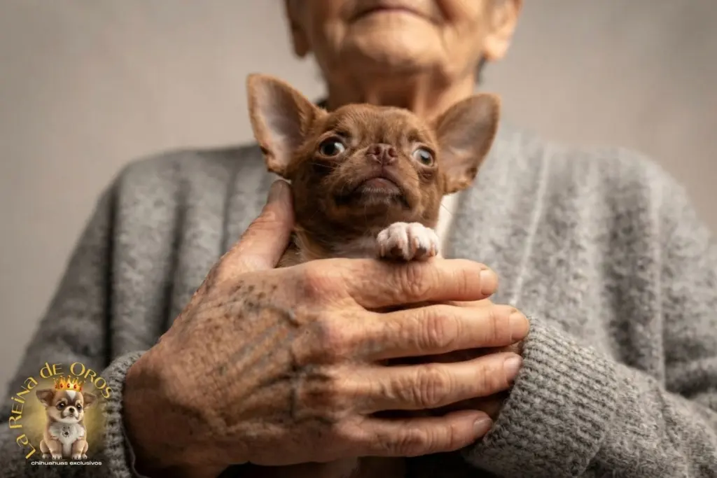 cachorro chihuahua en manos de persona de avanzada edad