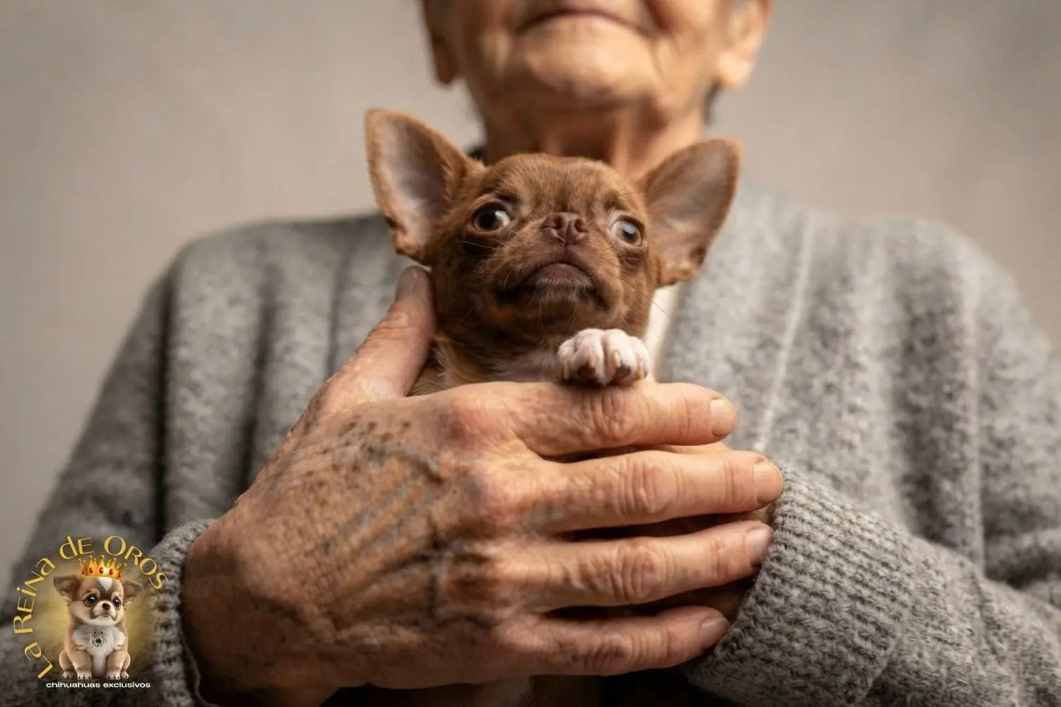 cachorro chihuahua en manos de persona de avanzada edad